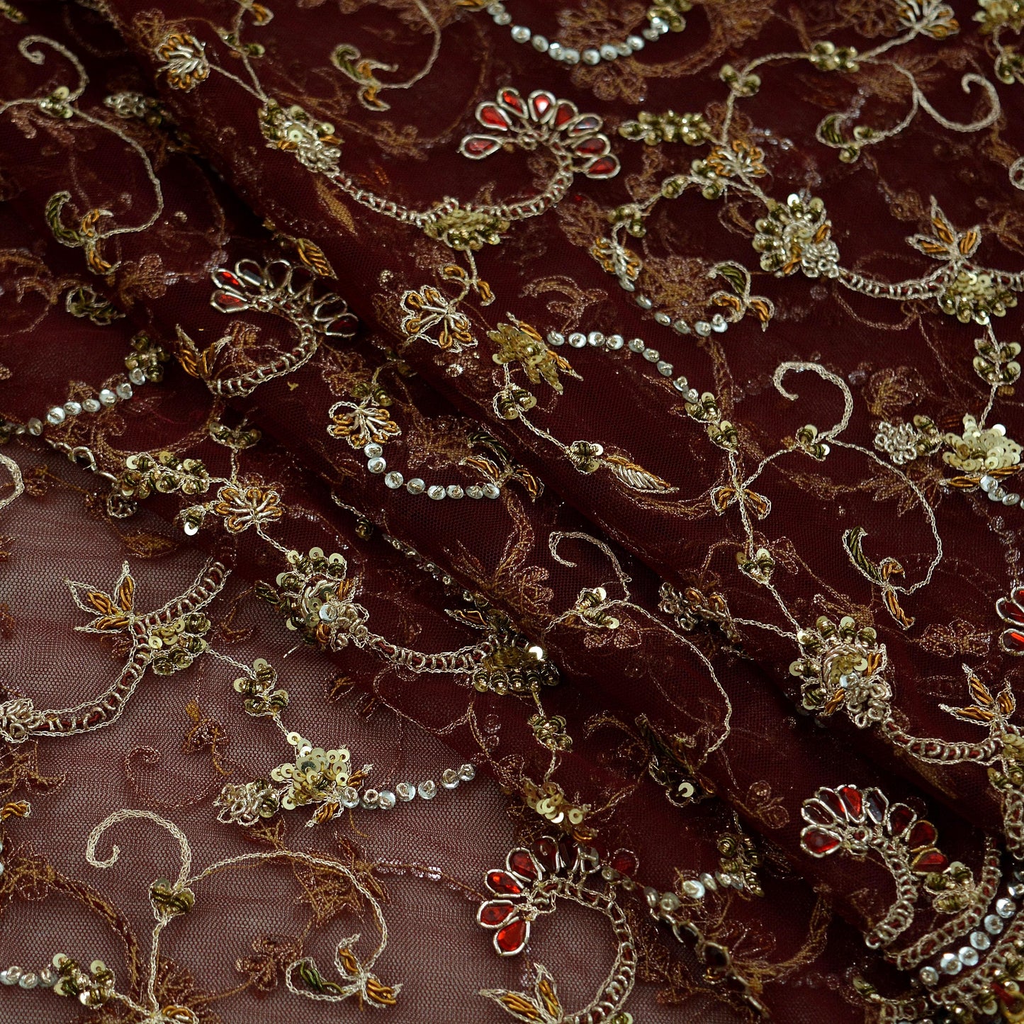 Indian Vintage Heavy Wedding Maroon Dupatta Net Mesh Long Stole Hand Embroidered Scarves Golden Zardozi Zari Sequins Dridal Veil Hijab