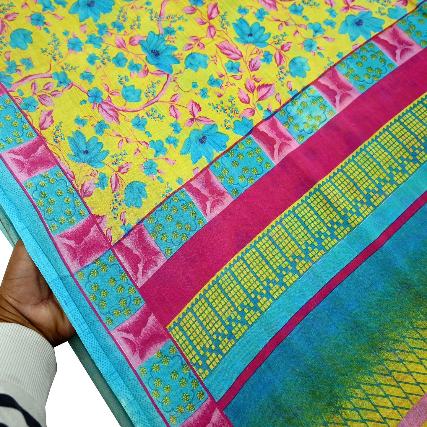 Indian Vintage Sari Blue & Yellow Printed 100% Pure Cotton Saree Craft Fabric 5Yd Soft Sewing Sarong Wrap Boho