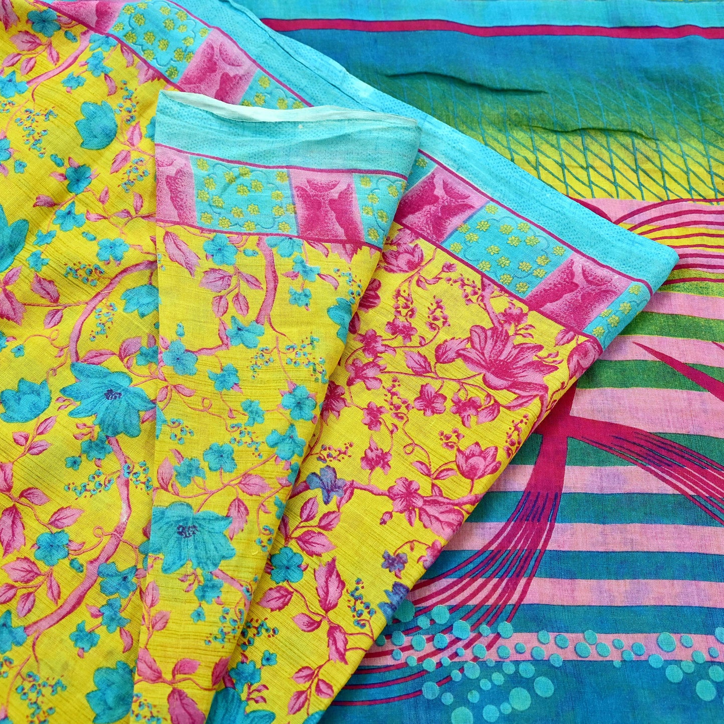 Indian Vintage Sari Blue & Yellow Printed 100% Pure Cotton Saree Craft Fabric 5Yd Soft Sewing Sarong Wrap Boho