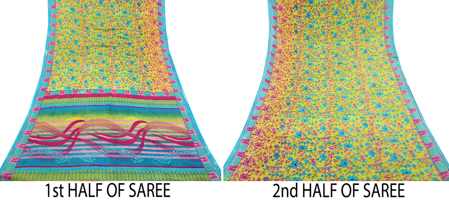 Indian Vintage Sari Blue & Yellow Printed 100% Pure Cotton Saree Craft Fabric 5Yd Soft Sewing Sarong Wrap Boho