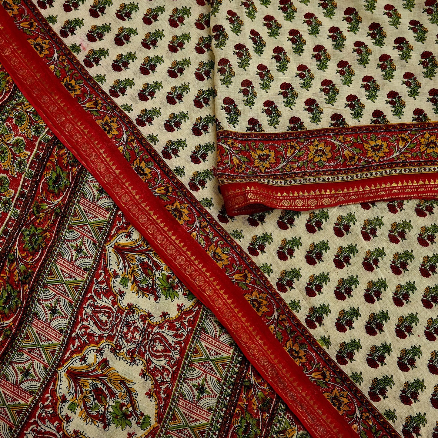 Indian Vintage Sari Ivory & Maroon Printed Pure Cotton Saree Fabric Soft Floral 5Yd Sarong Wrap Boho Fabric Kimono Soft