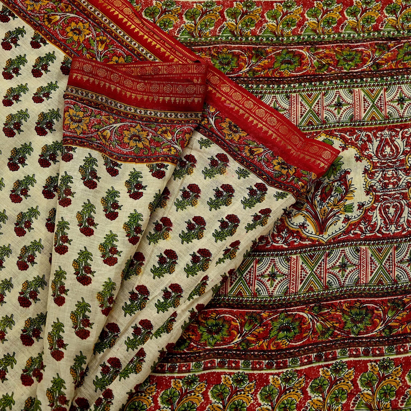 Indian Vintage Sari Ivory & Maroon Printed Pure Cotton Saree Fabric Soft Floral 5Yd Sarong Wrap Boho Fabric Kimono Soft
