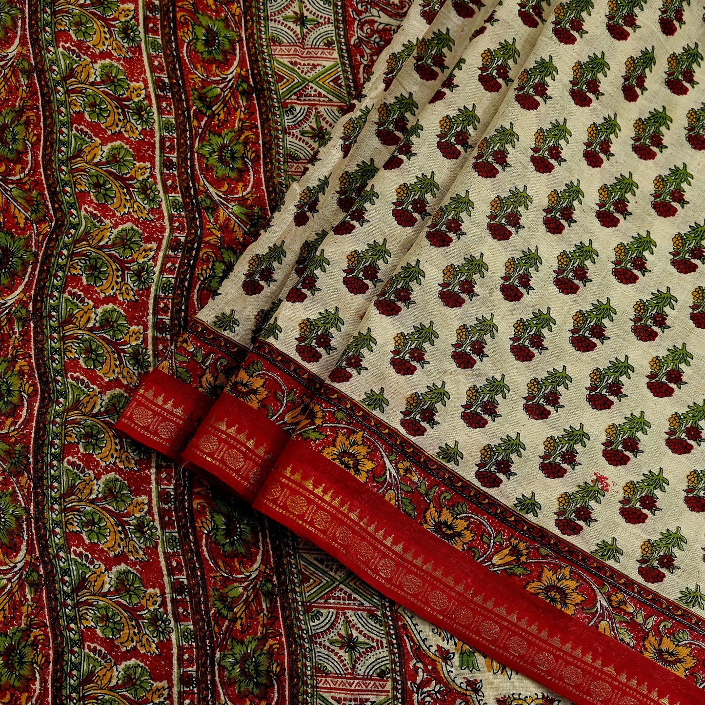 Indian Vintage Sari Ivory & Maroon Printed Pure Cotton Saree Fabric Soft Floral 5Yd Sarong Wrap Boho Fabric Kimono Soft