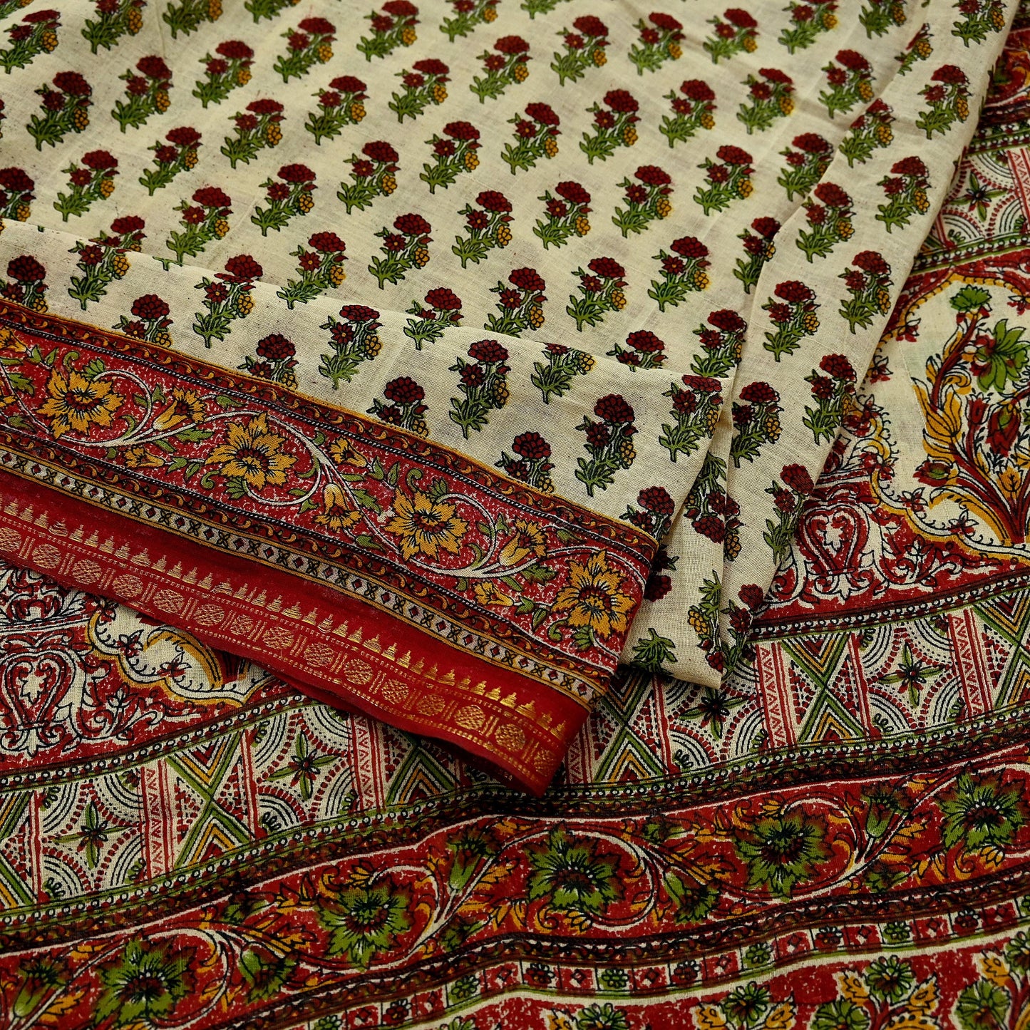 Indian Vintage Sari Ivory & Maroon Printed Pure Cotton Saree Fabric Soft Floral 5Yd Sarong Wrap Boho Fabric Kimono Soft