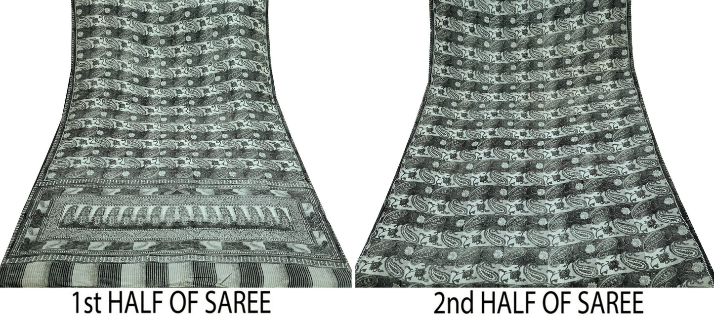 Indian Vintage Black & Gray Saree 100% Pure Silk Printed Sari 5yd Sewing Craft Fabric Dress Making Soft Crafting Quilting Upcycle