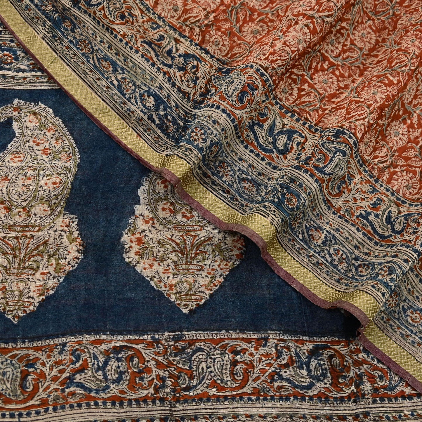 Indian Vintage Sari Orange & Blue Pure chanderi Silk Block Printed Saree Craft Fabric 6Yd Soft Zari Border Dress making bollywood silk saree