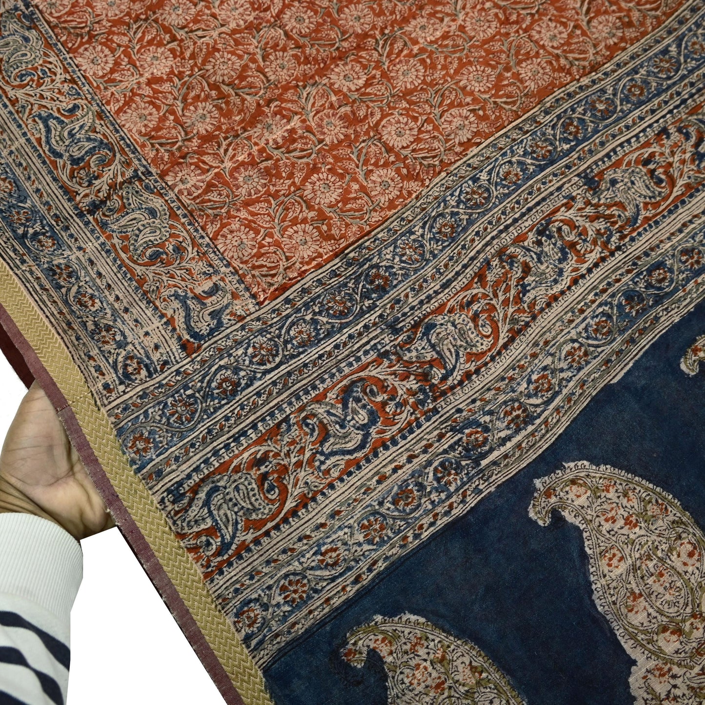 Indian Vintage Sari Orange & Blue Pure chanderi Silk Block Printed Saree Craft Fabric 6Yd Soft Zari Border Dress making bollywood silk saree