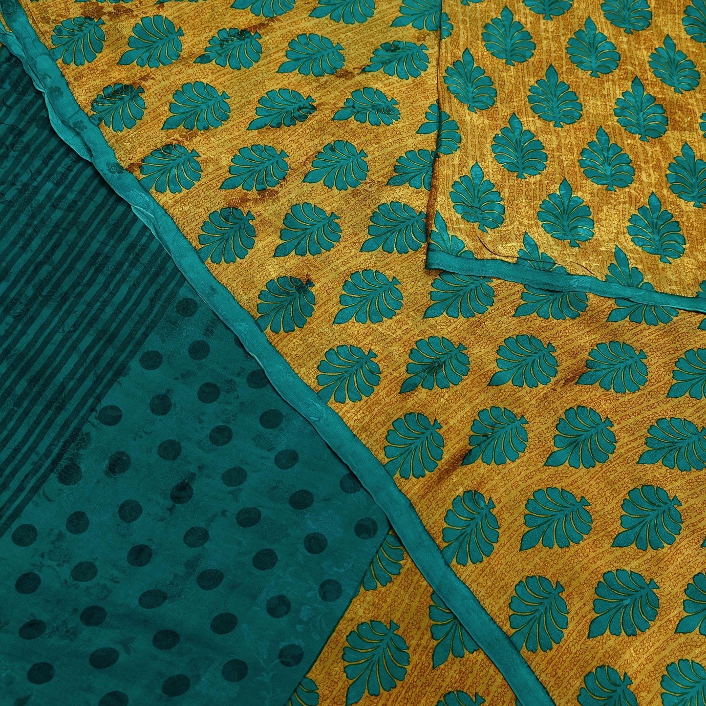 Indian Vintage Sari Green & Saffron Pure Crepe Silk Printed Sarees 5yd Sewing Floral Soft Craft Fabric Wrap Dress Making Crafting Quilting