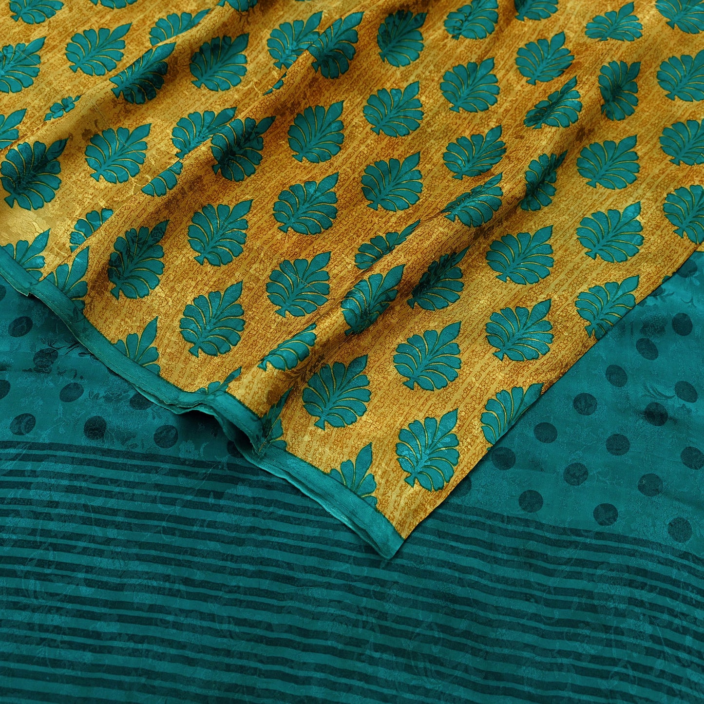Indian Vintage Sari Green & Saffron Pure Crepe Silk Printed Sarees 5yd Sewing Floral Soft Craft Fabric Wrap Dress Making Crafting Quilting