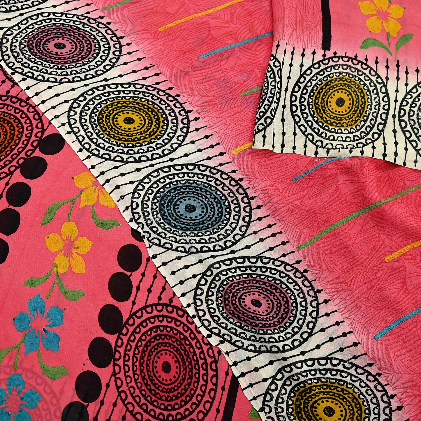 Indian Vintage Sari Ivory & Pink Pure Georgette Silk Printed Saree Craft Fabric Sewing 5Yd Soft Light Dress Making Crafting Quilting Upcycle