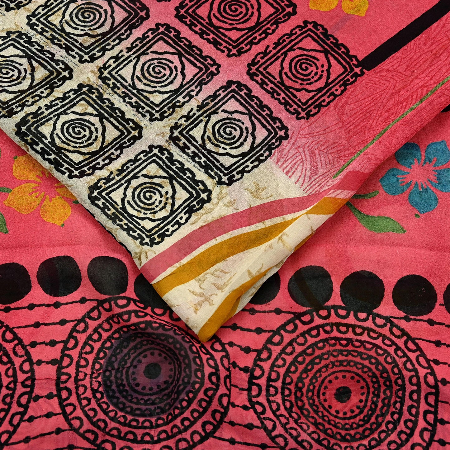 Indian Vintage Sari Ivory & Pink Pure Georgette Silk Printed Saree Craft Fabric Sewing 5Yd Soft Light Dress Making Crafting Quilting Upcycle
