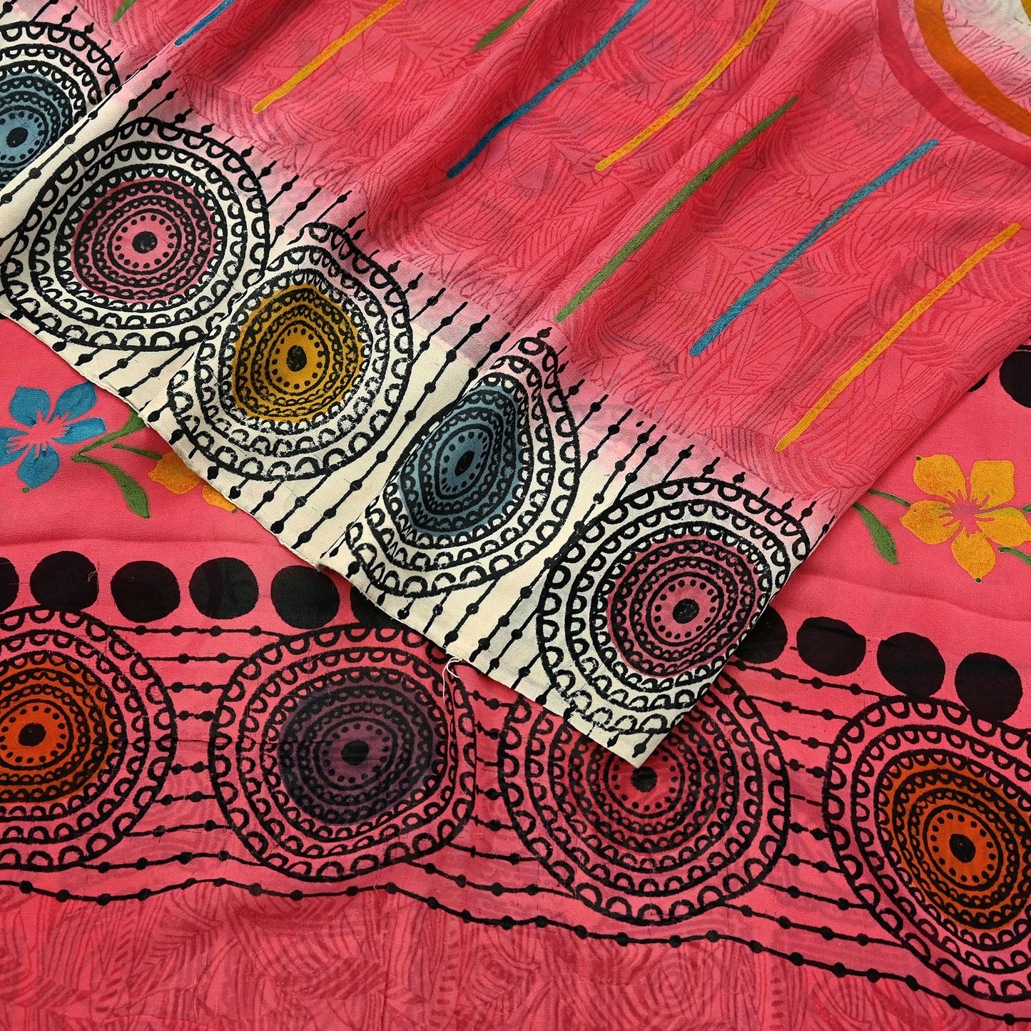 Indian Vintage Sari Ivory & Pink Pure Georgette Silk Printed Saree Craft Fabric Sewing 5Yd Soft Light Dress Making Crafting Quilting Upcycle