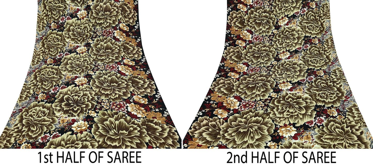 Indian Vintage Sari Black Printed Pure Silk Sarees Craft Fabric 5yd Sewing Floral Soft Dress Designing for Crafting Quilting Upcycle Wrap