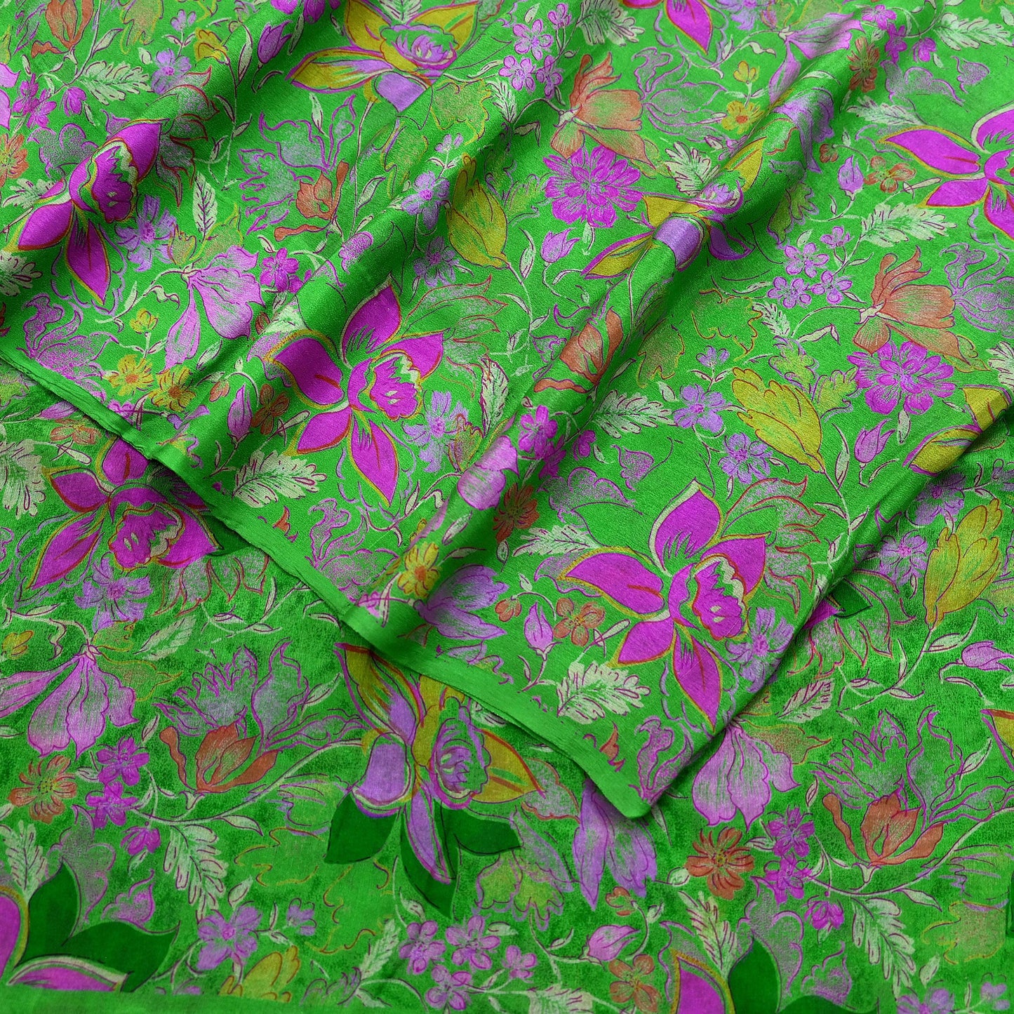 Indian Vintage Sari Green Pure Silk Printed Sarees 6yd Sewing Craft Fabric Dress Making Soft Floral Wrap Upcycle Used Quilting Crafting