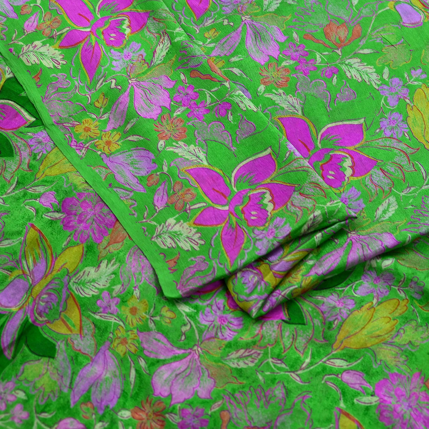 Indian Vintage Sari Green Pure Silk Printed Sarees 6yd Sewing Craft Fabric Dress Making Soft Floral Wrap Upcycle Used Quilting Crafting