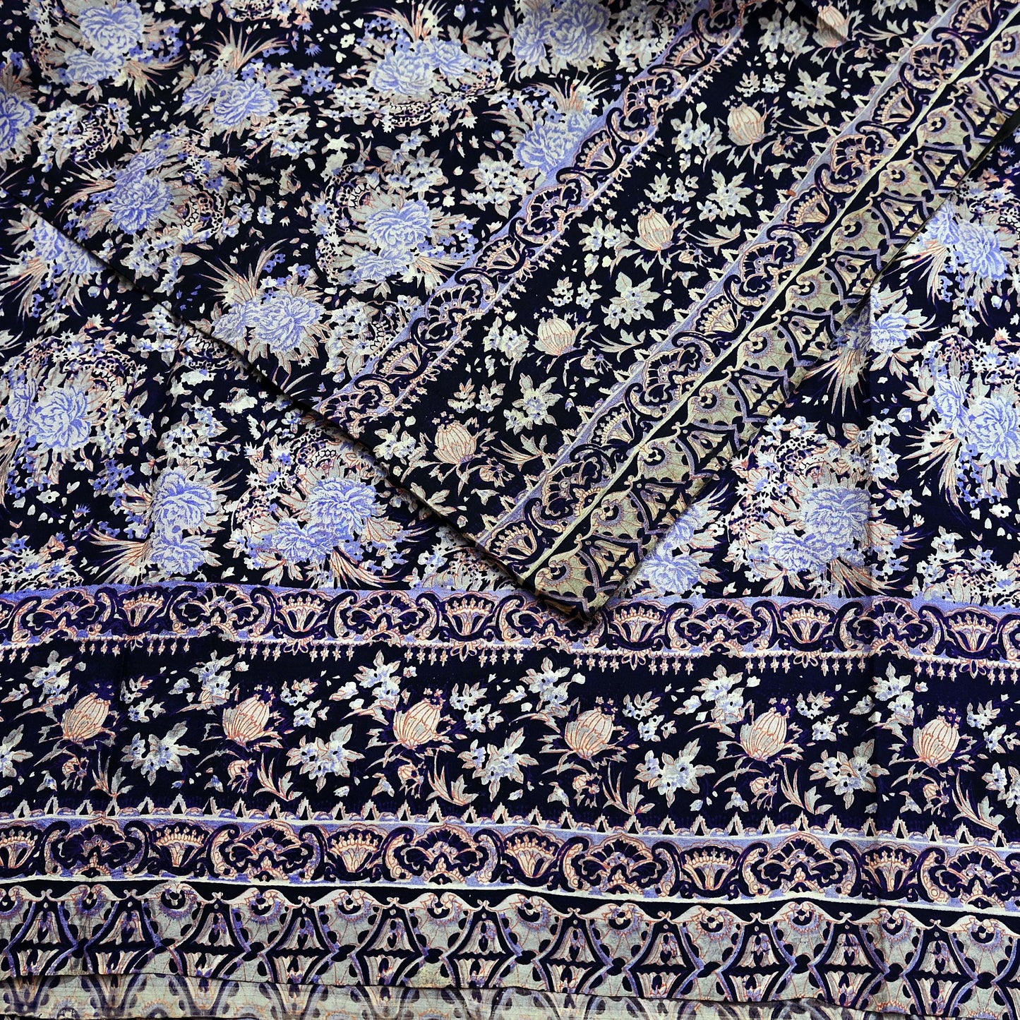 Indian Vintage Sari Blue Pure Silk Printed Sarees 5yd Sewing Craft Fabric Soft Dress Making Wrap Paisley Upcycle Quilting Crafting