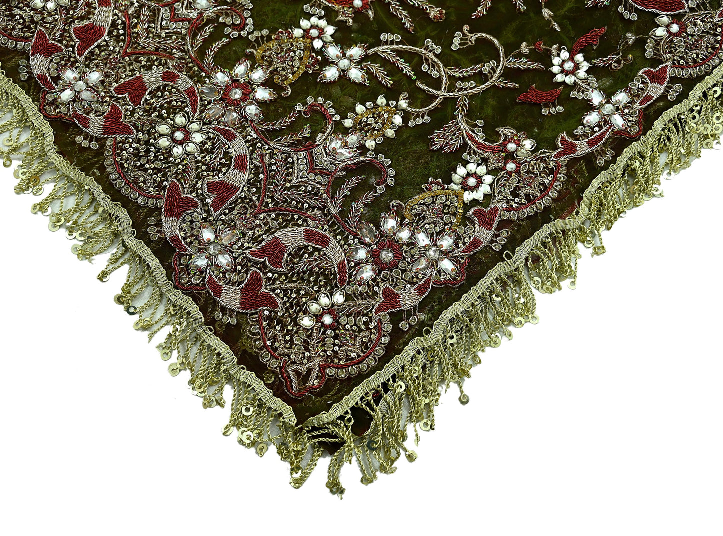 Indian Vintage Heavy Green & Maroon Dupatta Net Mesh Long Stole Hand Embroidered Scarves Zardozi Dabka Zari Bridal/Wedding Veil Fringes