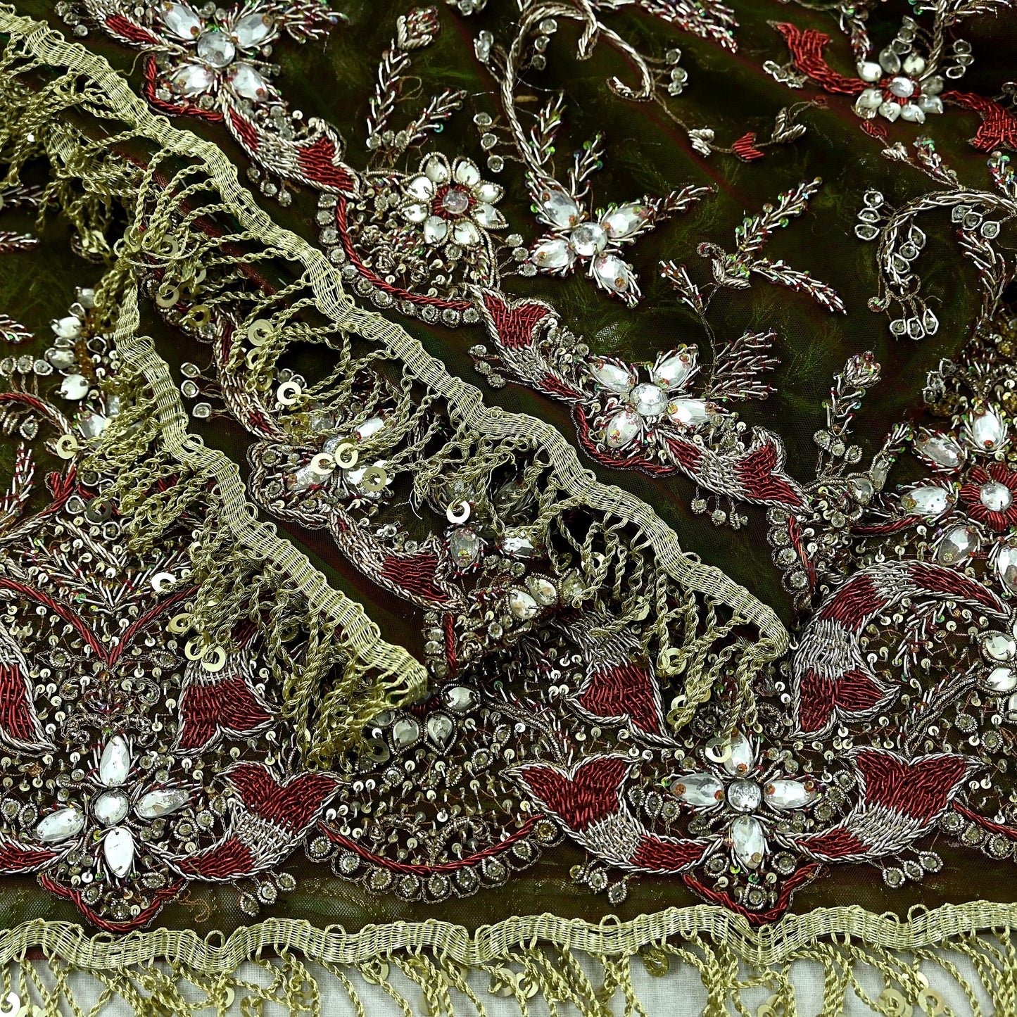 Indian Vintage Heavy Green & Maroon Dupatta Net Mesh Long Stole Hand Embroidered Scarves Zardozi Dabka Zari Bridal/Wedding Veil Fringes