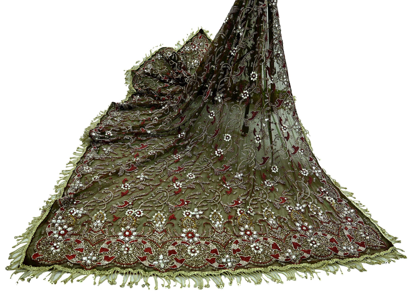 Indian Vintage Heavy Green & Maroon Dupatta Net Mesh Long Stole Hand Embroidered Scarves Zardozi Dabka Zari Bridal/Wedding Veil Fringes
