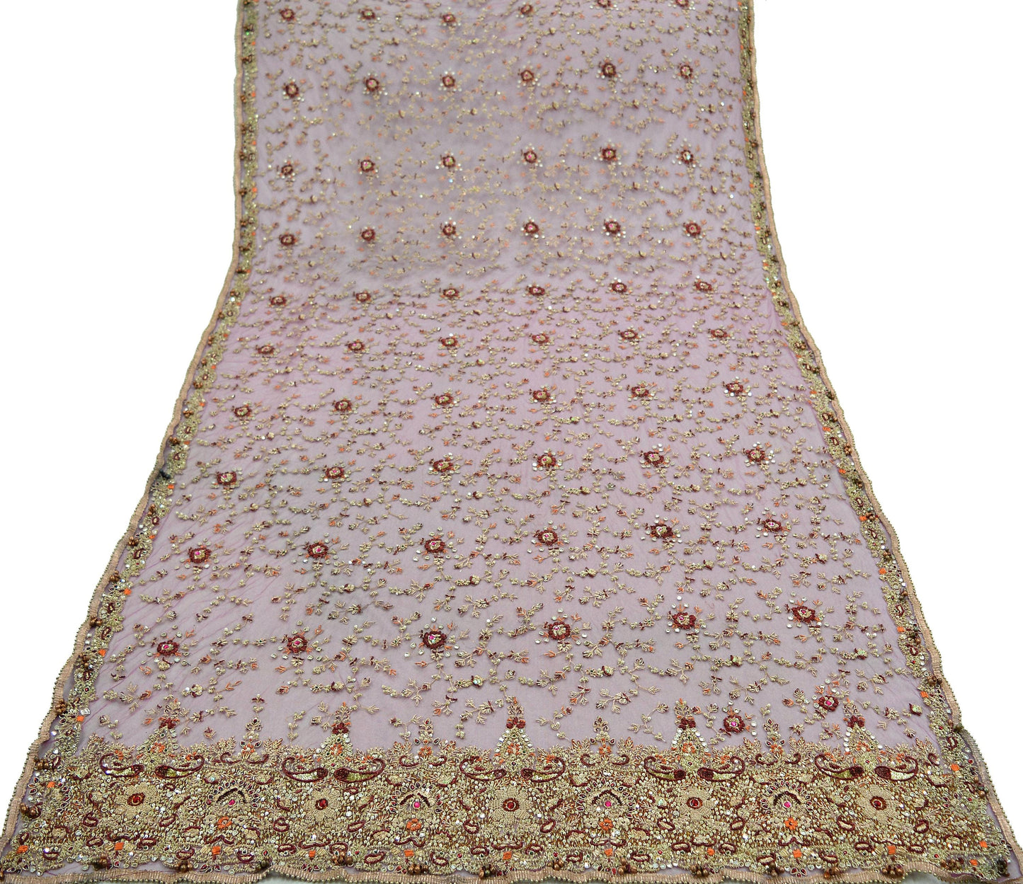 Indian Vintage Heavy Purple Dupatta Net Mesh Long Stole Hand Embroidered Scarves Golden Zardozi Dabka Zari Bridal/Wedding Veil