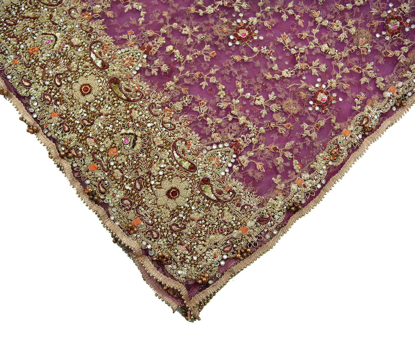 Indian Vintage Heavy Purple Dupatta Net Mesh Long Stole Hand Embroidered Scarves Golden Zardozi Dabka Zari Bridal/Wedding Veil
