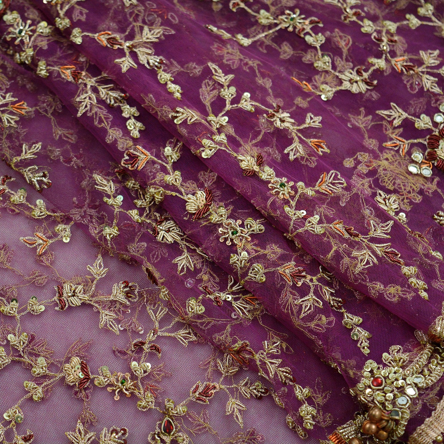 Indian Vintage Heavy Purple Dupatta Net Mesh Long Stole Hand Embroidered Scarves Golden Zardozi Dabka Zari Bridal/Wedding Veil