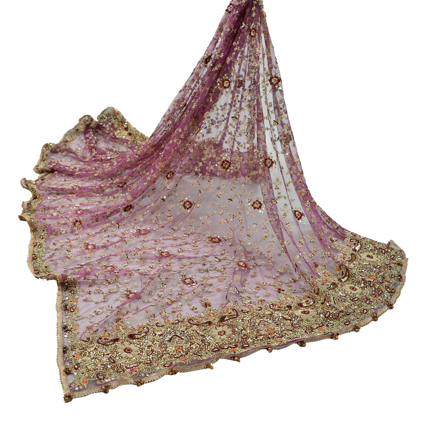 Indian Vintage Heavy Purple Dupatta Net Mesh Long Stole Hand Embroidered Scarves Golden Zardozi Dabka Zari Bridal/Wedding Veil