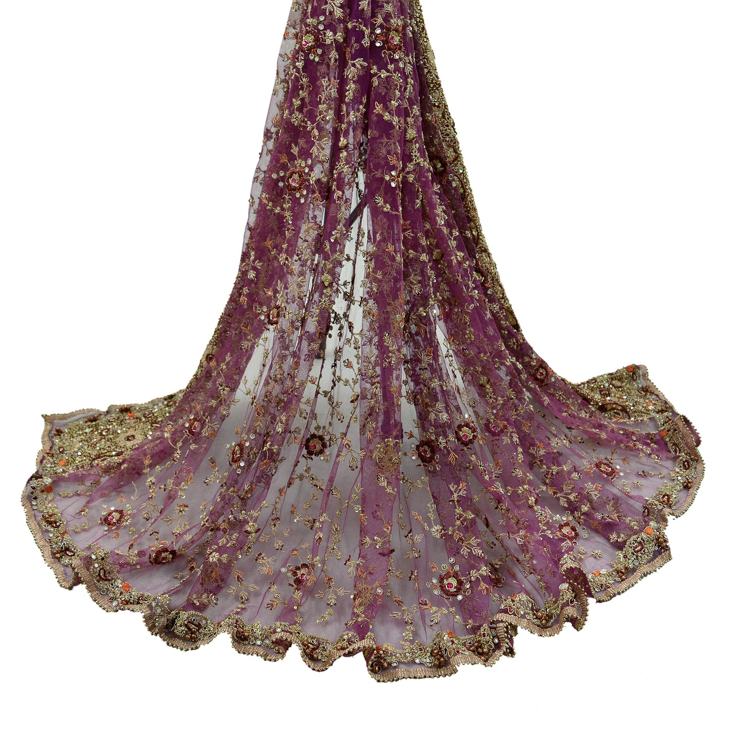 Indian Vintage Heavy Purple Dupatta Net Mesh Long Stole Hand Embroidered Scarves Golden Zardozi Dabka Zari Bridal/Wedding Veil