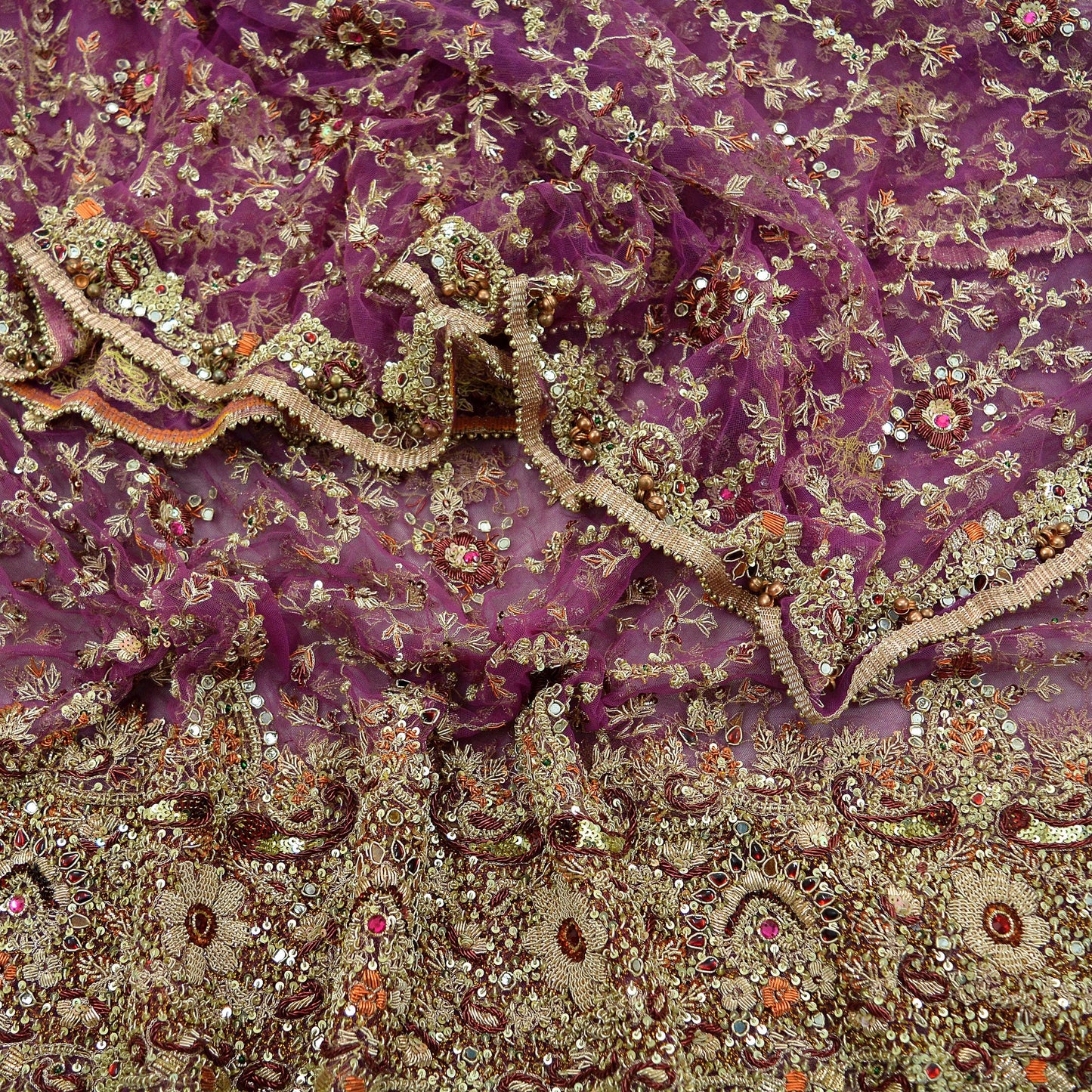 Indian Vintage Heavy Purple Dupatta Net Mesh Long Stole Hand Embroidered Scarves Golden Zardozi Dabka Zari Bridal/Wedding Veil