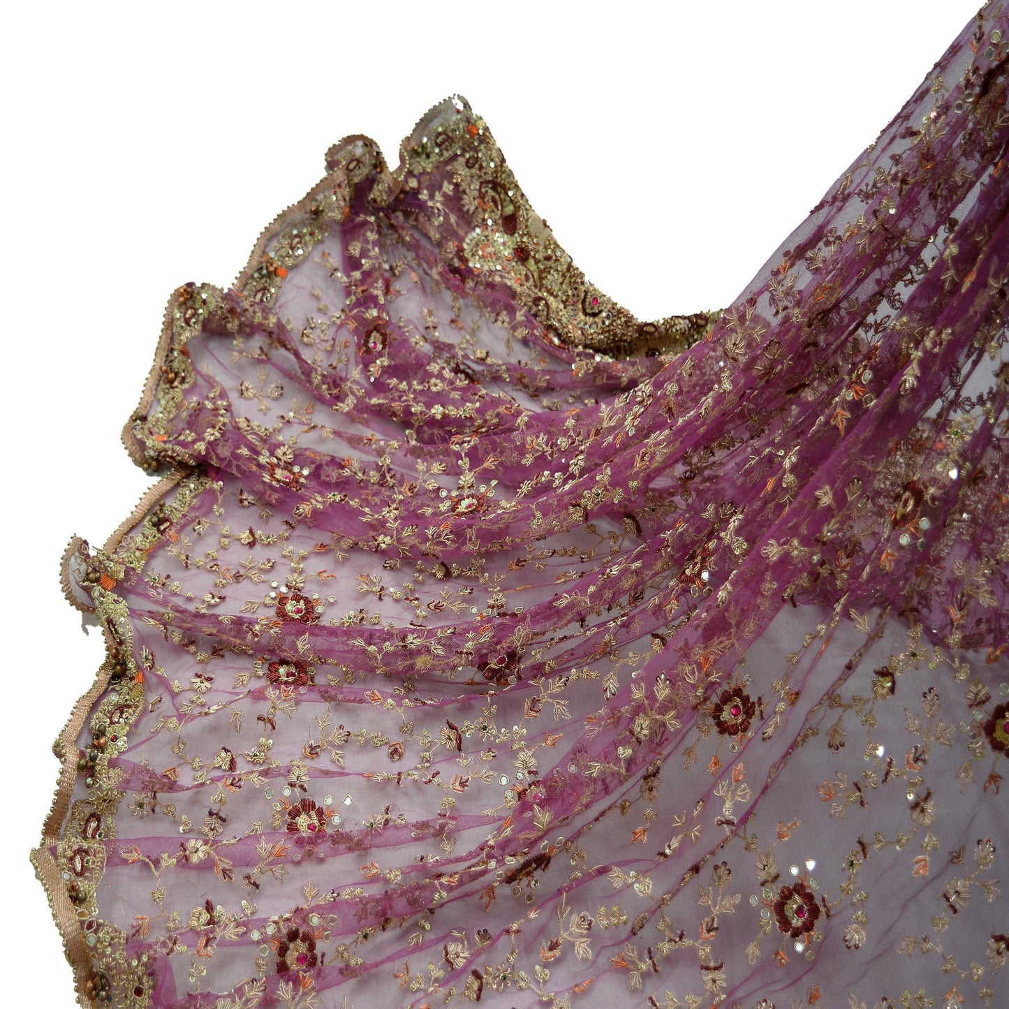 Indian Vintage Heavy Purple Dupatta Net Mesh Long Stole Hand Embroidered Scarves Golden Zardozi Dabka Zari Bridal/Wedding Veil