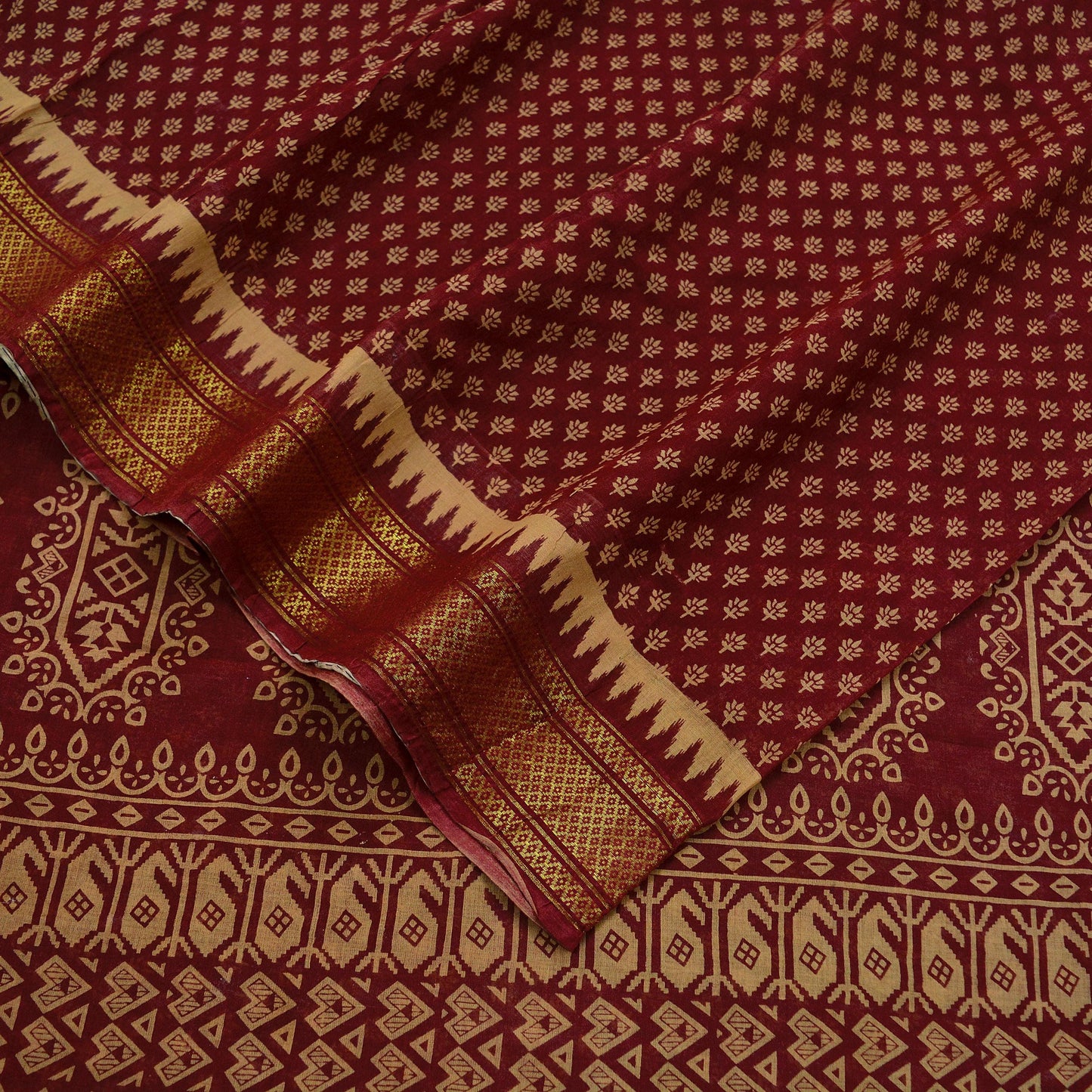 Vintage Sari Beige & Red Pure Cotton Hand Woven Printed Sarees Craft Fabric Zari 5Yd Sewing Soft Crafting Dress making Upcycle Quilting