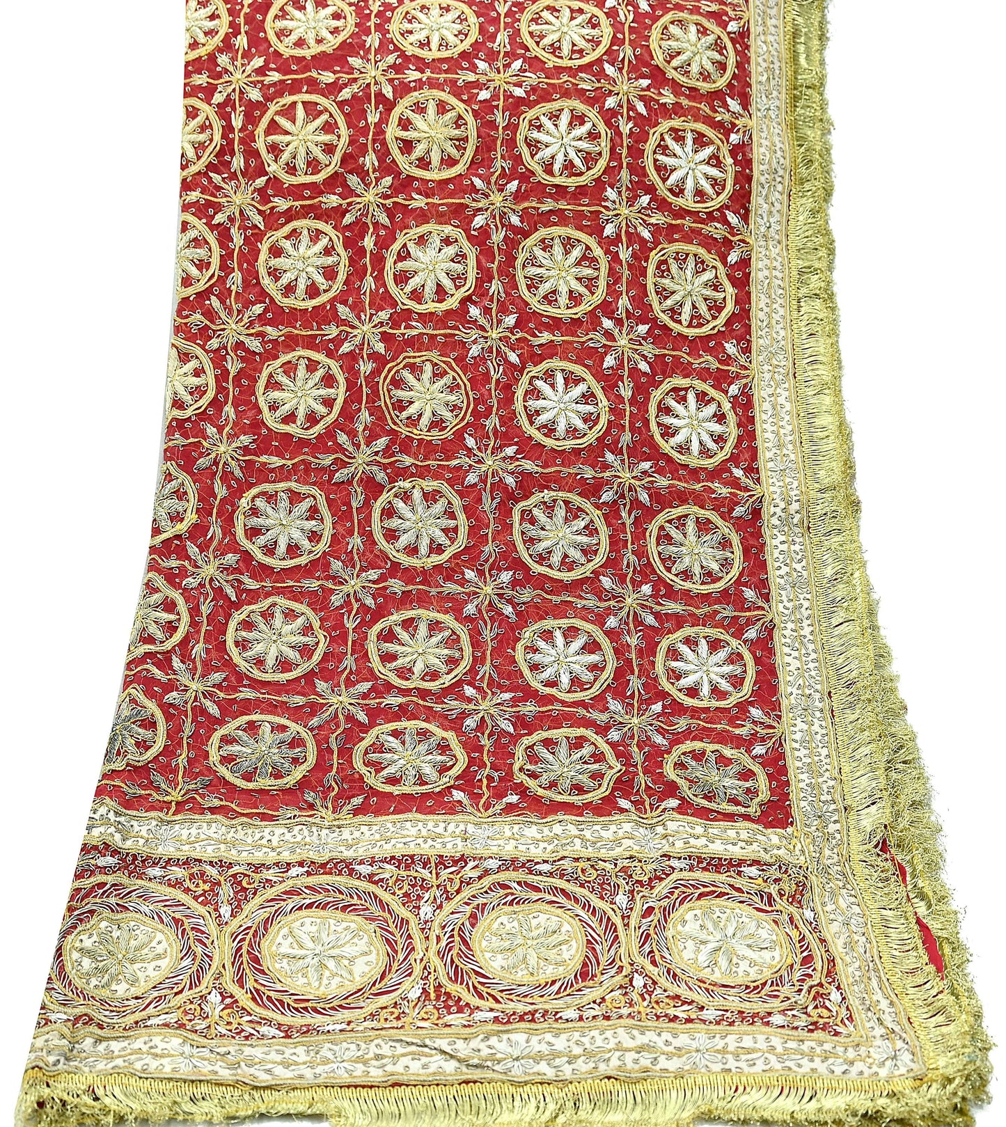 Indian Vintage Heavy Bridal Red Dupatta Pure Chiffon Silk Long Stole Hand Embroidered Scarf Zardozi/Dabka Zari Sequins Wedding Veil Hijab