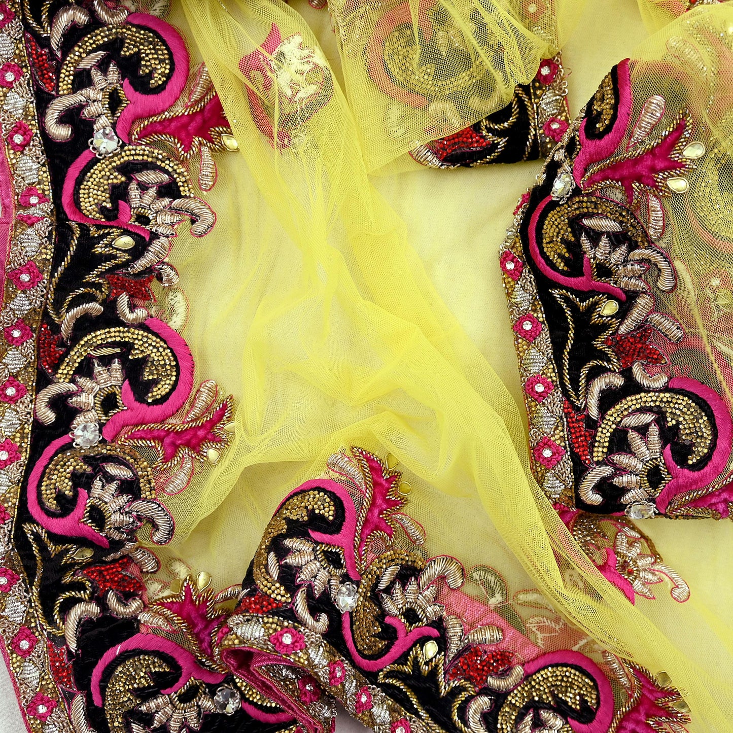 Indian Vintage Heavy Yellow Dupatta Net Mesh Long Stole Hand Embroidered Scarves Golden Zardozi Dabka Zari Stole