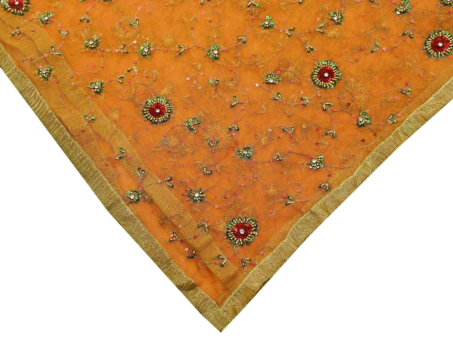 Indian Vintage Heavy Orange Dupatta Net Mesh Long Stole Hand Embroidered Scarves Glass Beaded Golden Sequins Wedding/ Bridal Veil Hijab