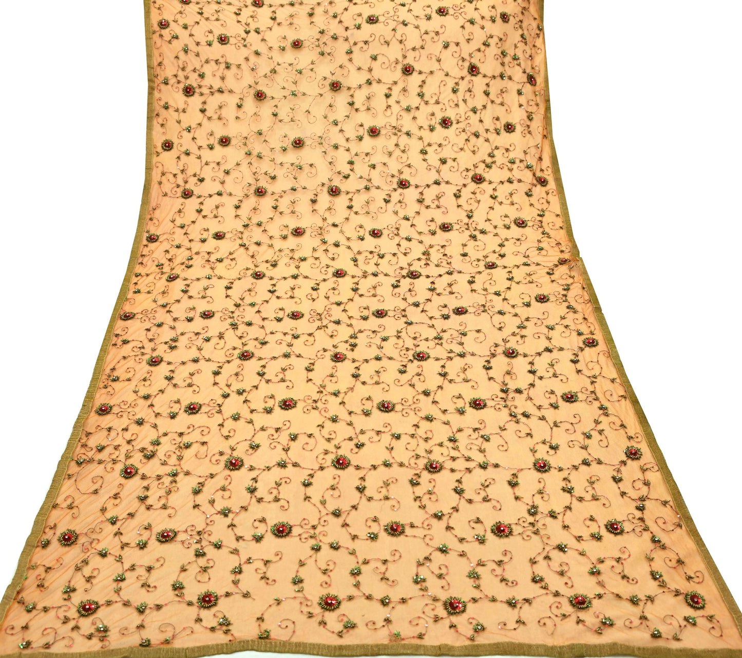 Indian Vintage Heavy Orange Dupatta Net Mesh Long Stole Hand Embroidered Scarves Glass Beaded Golden Sequins Wedding/ Bridal Veil Hijab