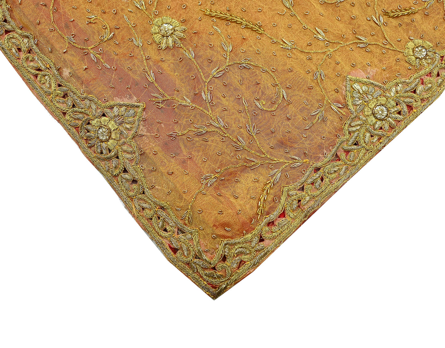 Indian Vintage Heavy Golden Dupatta Pure Tissue Silk Long Stole Hand Embroidered Scarves Zari Zardozi/Dabka