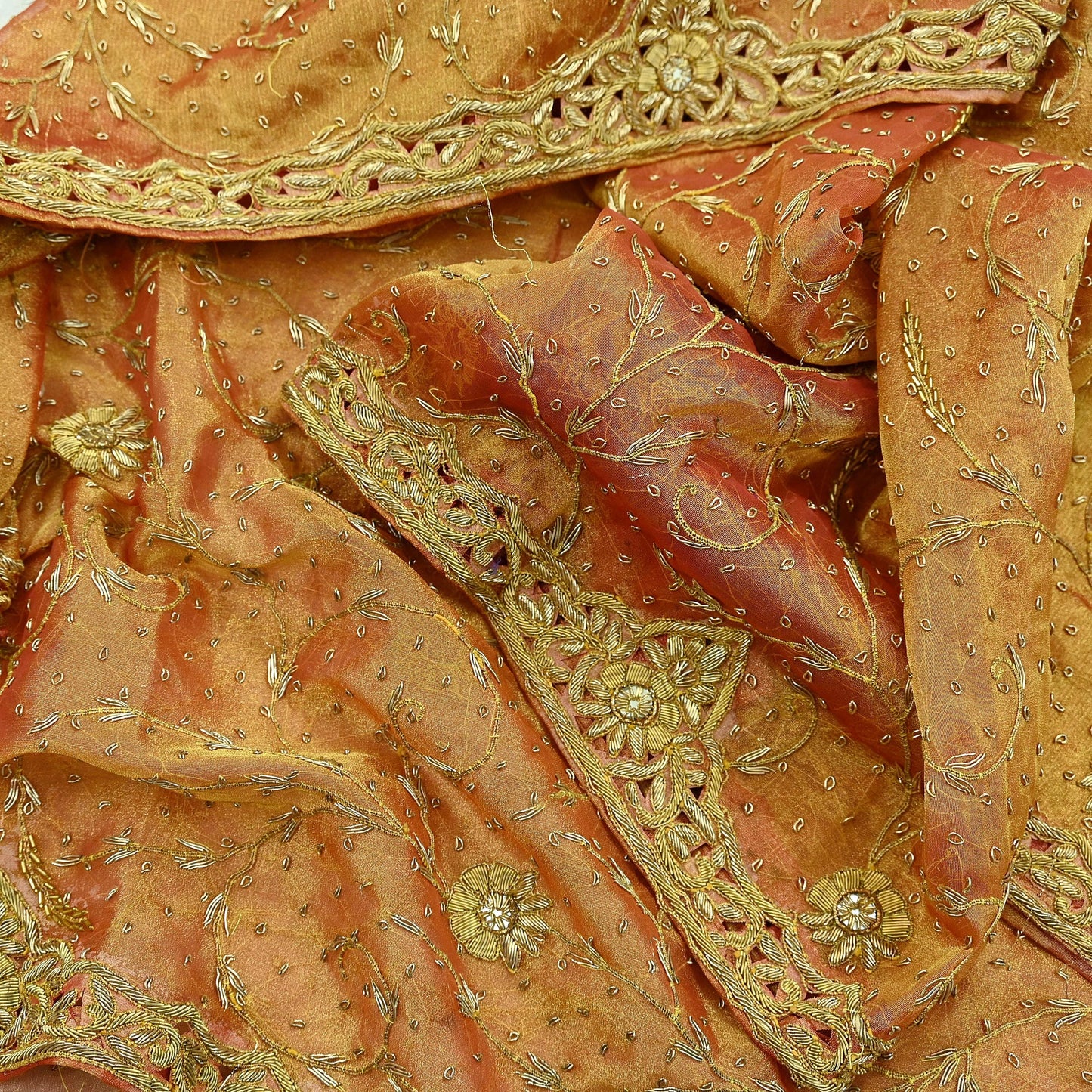 Indian Vintage Heavy Golden Dupatta Pure Tissue Silk Long Stole Hand Embroidered Scarves Zari Zardozi/Dabka