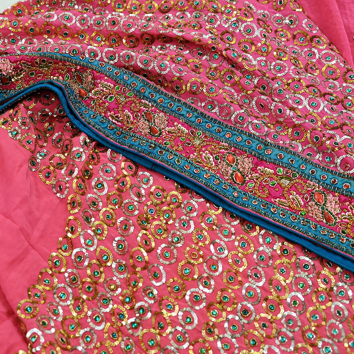 Indian Vintage Pink Saree Pure Crepe Silk Hand Embroidered Sari Fabric 5Yd Sewing Soft Zardozi/Dabka Sequins