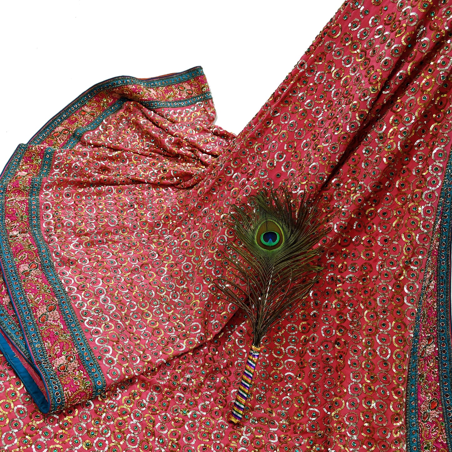 Indian Vintage Pink Saree Pure Crepe Silk Hand Embroidered Sari Fabric 5Yd Sewing Soft Zardozi/Dabka Sequins