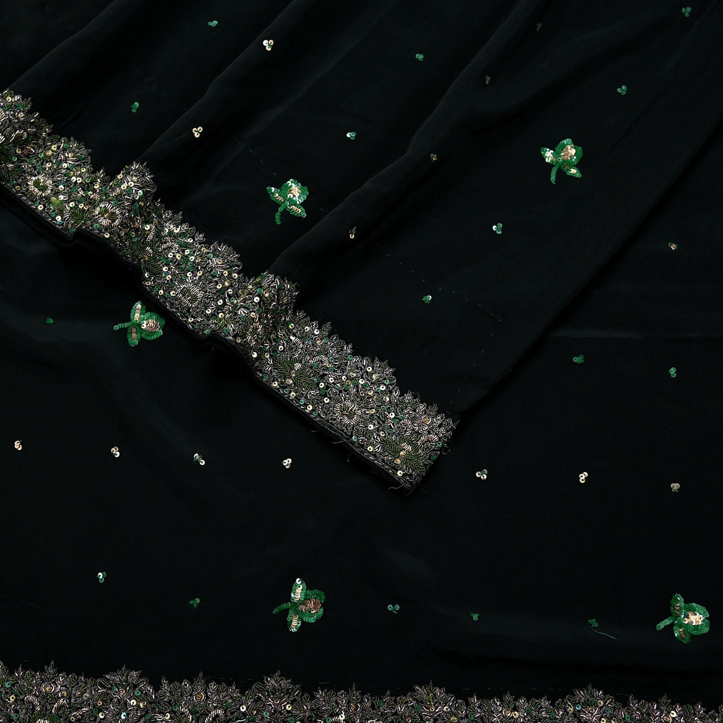 Indian Vintage Black Saree Pure Crepe Silk Hand Embroidered Sari Craft Fabric 5Yd Sewing Soft Zardozi/Dabka Dress making With Blouse Pcs