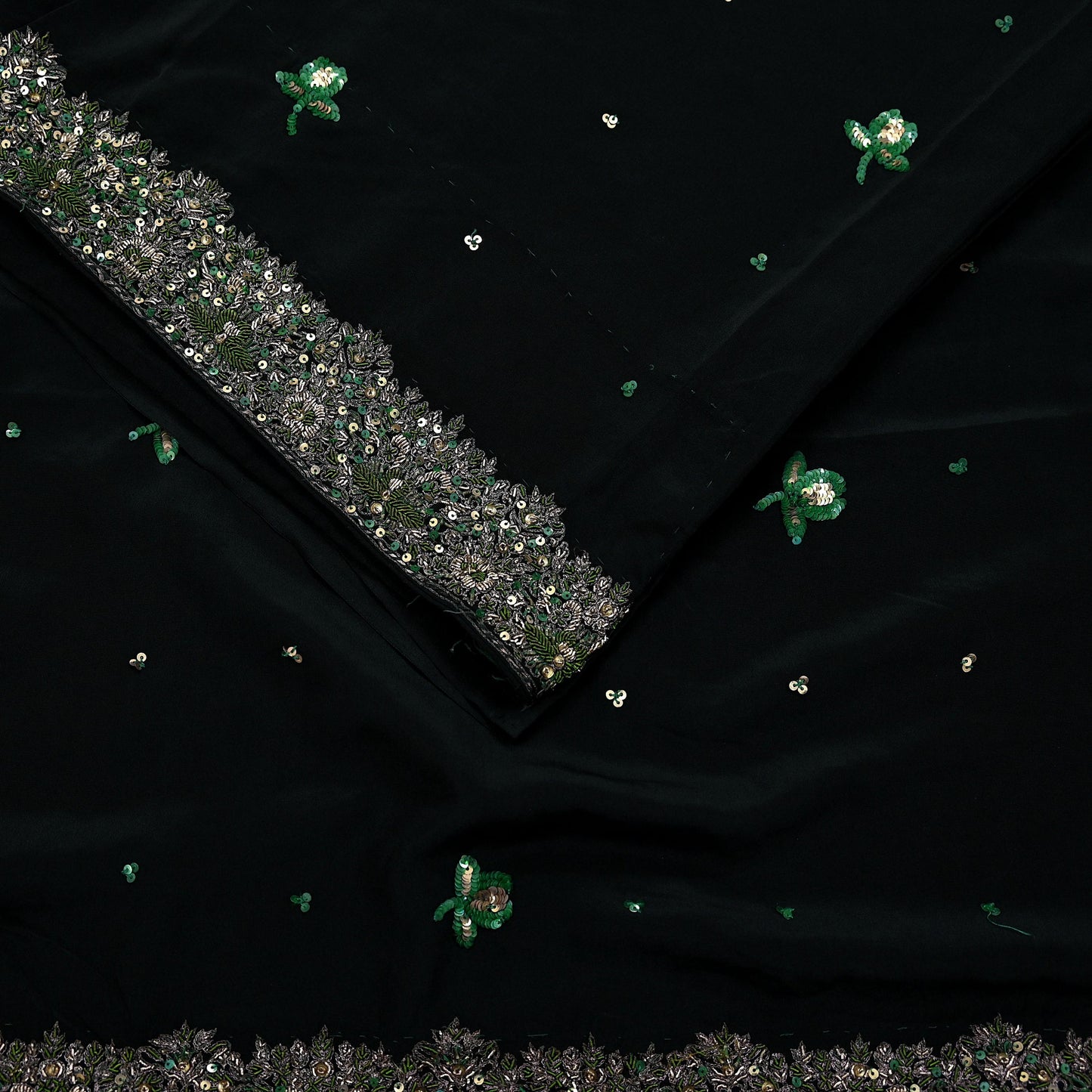 Indian Vintage Black Saree Pure Crepe Silk Hand Embroidered Sari Craft Fabric 5Yd Sewing Soft Zardozi/Dabka Dress making With Blouse Pcs