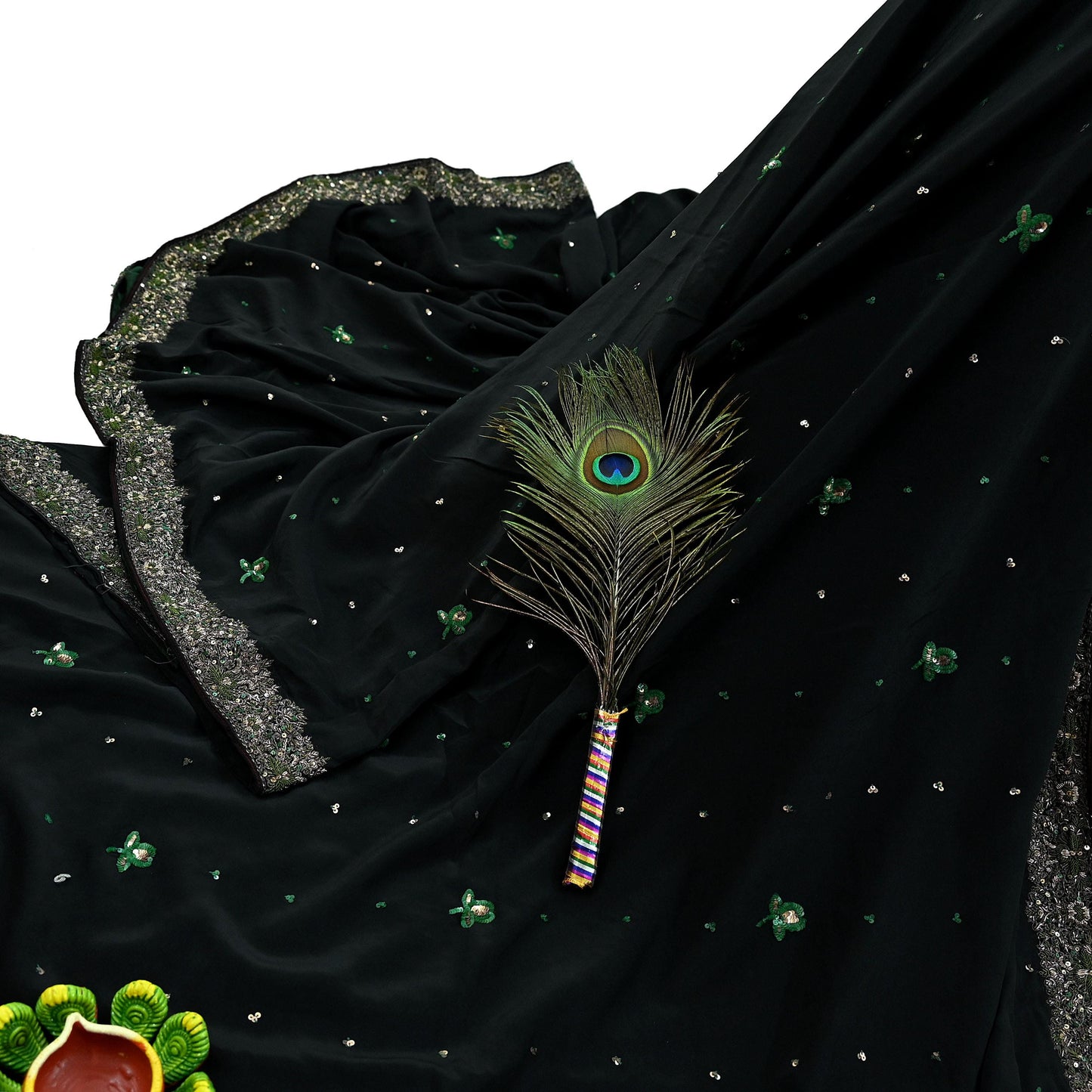 Indian Vintage Black Saree Pure Crepe Silk Hand Embroidered Sari Craft Fabric 5Yd Sewing Soft Zardozi/Dabka Dress making With Blouse Pcs