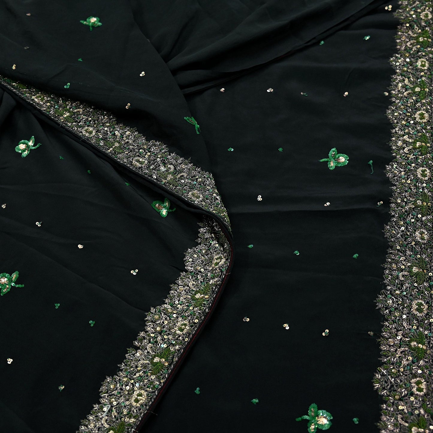 Indian Vintage Black Saree Pure Crepe Silk Hand Embroidered Sari Craft Fabric 5Yd Sewing Soft Zardozi/Dabka Dress making With Blouse Pcs