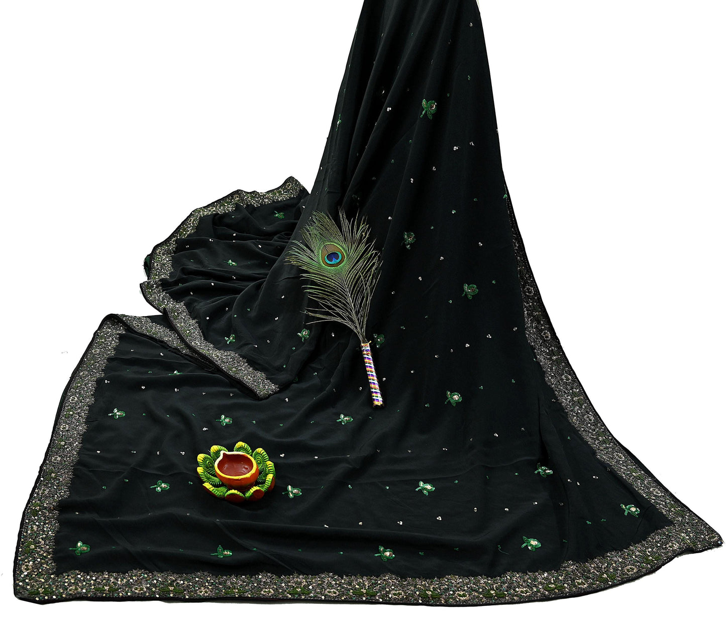 Indian Vintage Black Saree Pure Crepe Silk Hand Embroidered Sari Craft Fabric 5Yd Sewing Soft Zardozi/Dabka Dress making With Blouse Pcs