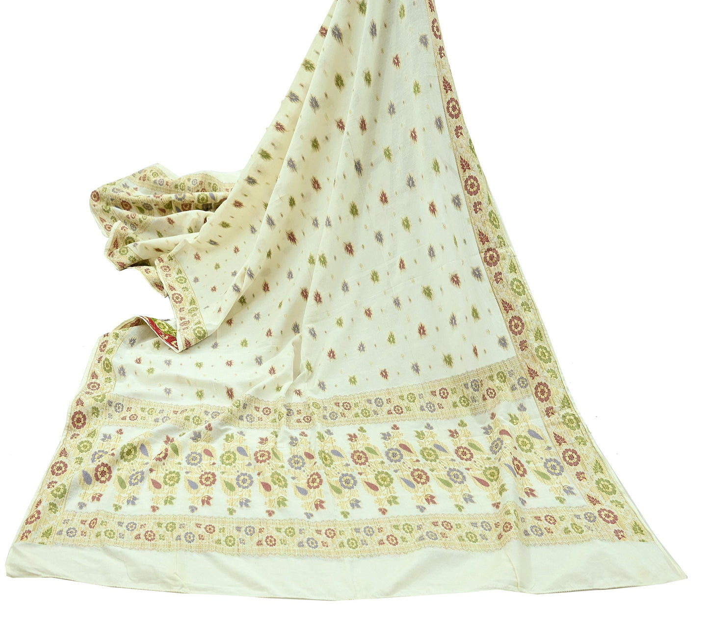 Indian Vintage Dupatta White Long Stole Pure Silk Hand Woven Scarves Veil Scarf Wrap Floral