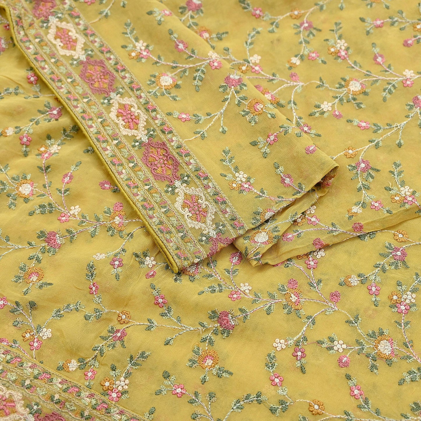 Indian Vintage Dupatta Yellow Pure Georgette silk Long Stole Embroidered Scarves Stole Veil Wrap