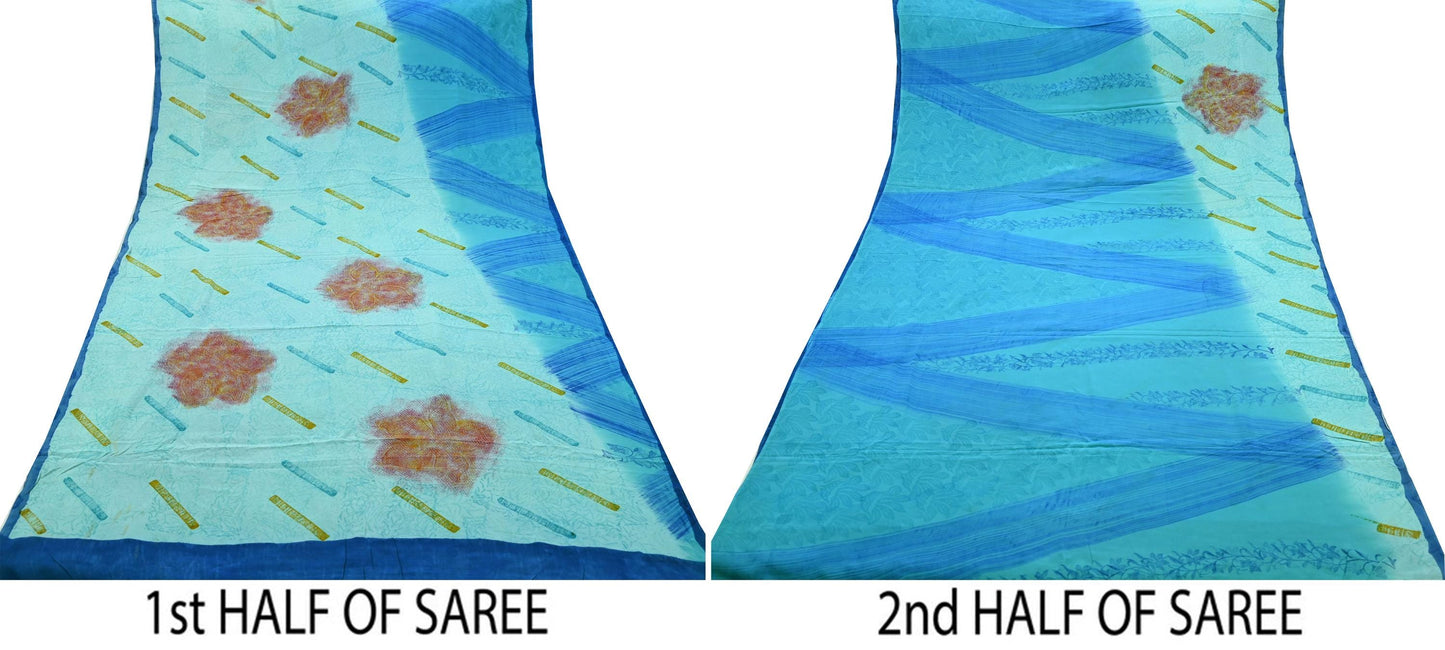 Indian Vintage Sari Blue & Green Pure Crepe Silk Printed Saree 5yd Sewing Soft Craft Fabric Wrap Dress making Quilting Crafting Upcycle