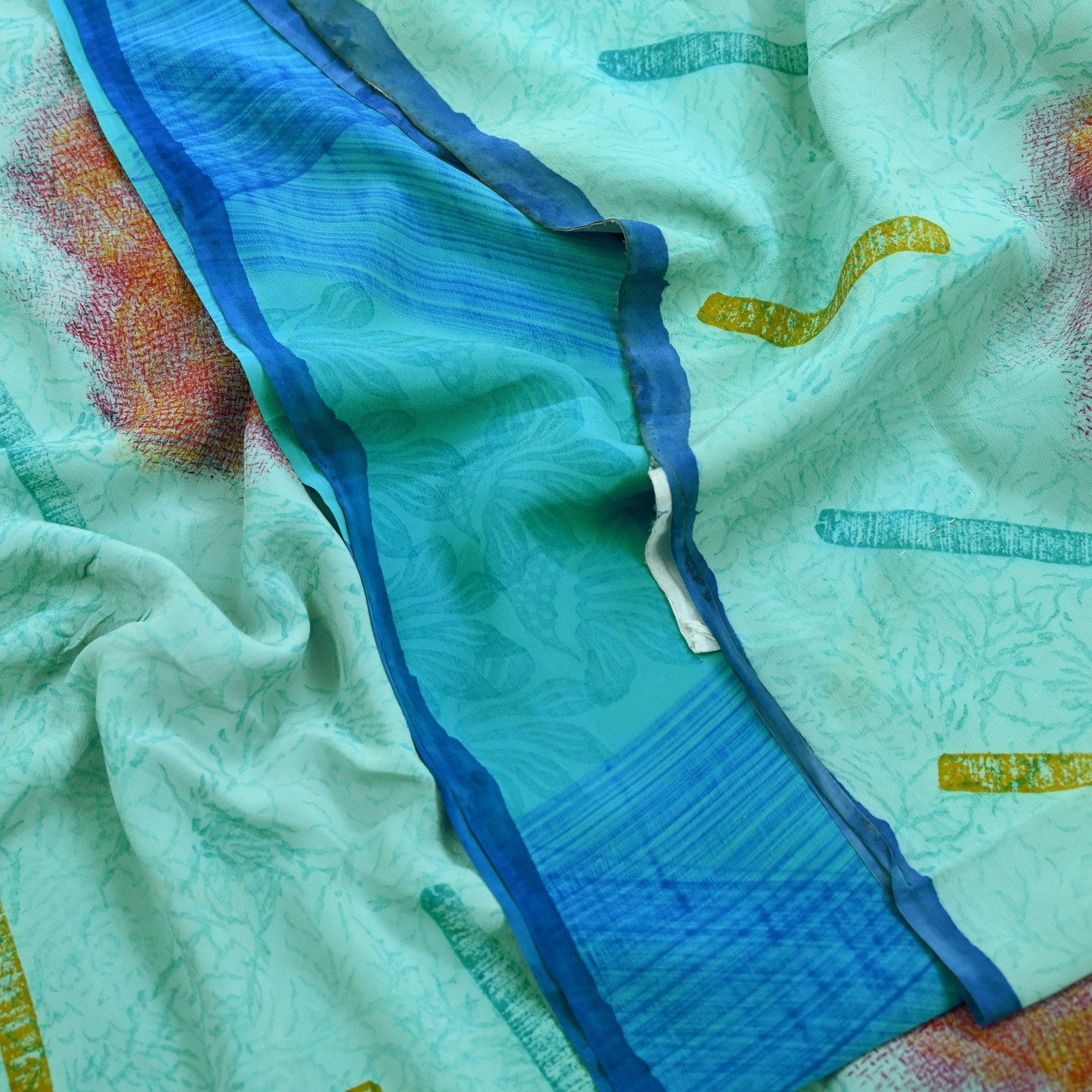 Indian Vintage Sari Blue & Green Pure Crepe Silk Printed Saree 5yd Sewing Soft Craft Fabric Wrap Dress making Quilting Crafting Upcycle