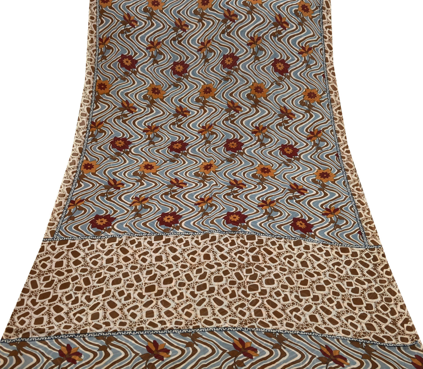 Indian Vintage Sari Beige Pure Georgette Silk Printed Sarees 5Yd Craft Fabric Sewing Quilting Dress making Crafting Quilting Upcycle