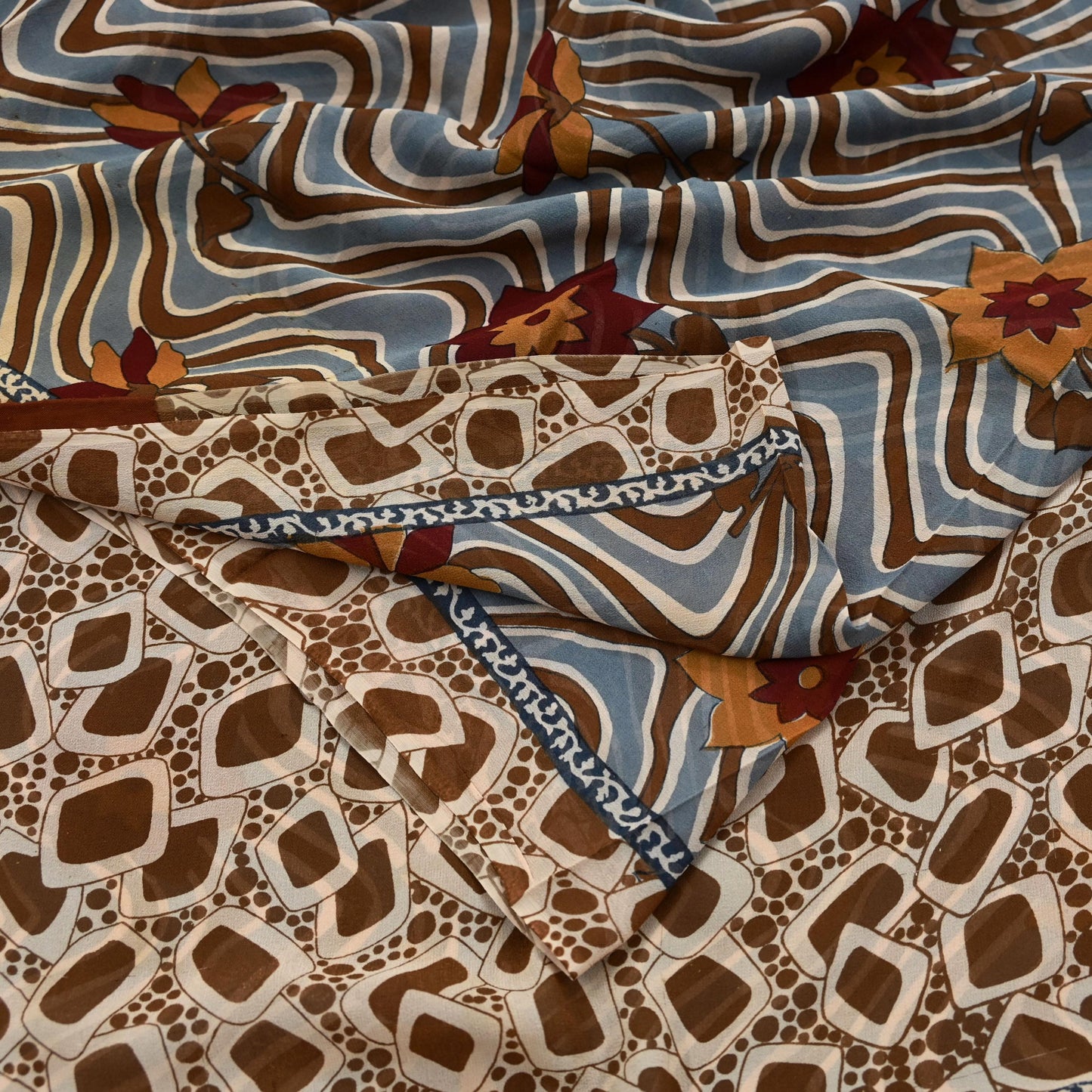 Indian Vintage Sari Beige Pure Georgette Silk Printed Sarees 5Yd Craft Fabric Sewing Quilting Dress making Crafting Quilting Upcycle